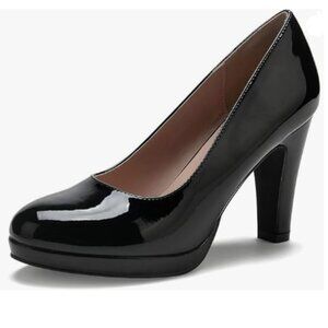 miss left Black Low Platform Chunky High Heel Slip On \Round Toe Pump
